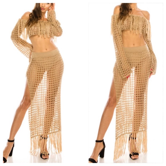 Taupe Knit Crochet Skirt & Swim Cover Up - Picture 3 of 6